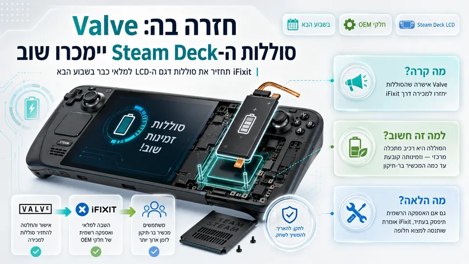 Steam Deck פתוח בתצוגת רכיבים, עם סוללה חלופית מודגשת ופרטי חידוש המכירה דרך iFixit.