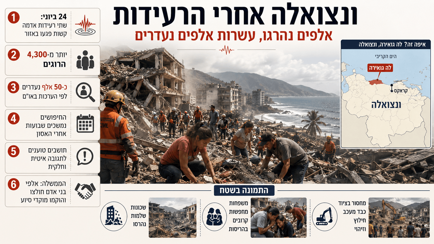 צוותי חילוץ ותושבים מחפשים נעדרים בין הריסות בניינים בלה גואירה לאחר רעידות האדמה בוונצואלה.