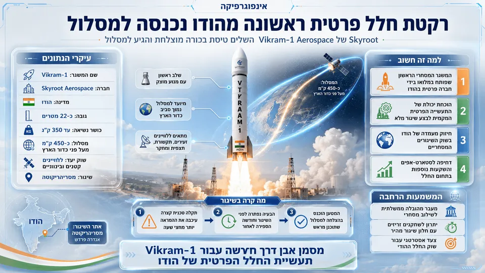 רקטת Vikram-1 של Skyroot Aerospace משוגרת מהודו ומגיעה למסלול נמוך סביב כדור הארץ.