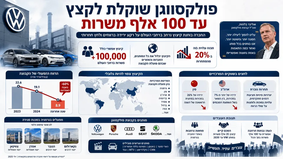 מפעל פולקסווגן לצד מכוניות, גרף ירידת רווחים והמחשה של קיצוץ אפשרי בעד 100 אלף משרות.