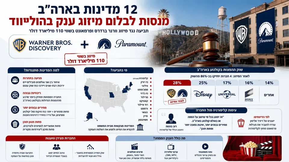 אולפני וורנר ברדרס ופרמאונט בהוליווד לצד פטיש שופט ומפת המדינות המתנגדות למיזוג.