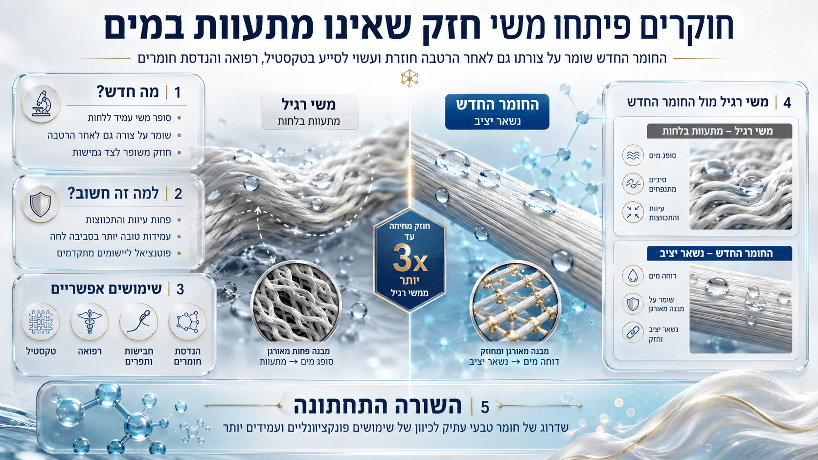 סיבי משי חדשניים במבנה משופר שומרים על צורתם גם לאחר חשיפה למים וללחות.