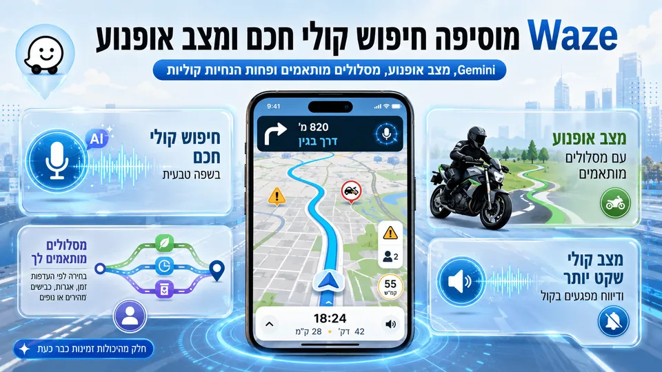 ממשק Waze עם חיפוש קולי מבוסס Gemini, ניווט מותאם לרוכבי אופנועים ומצב הנחיות שקט יותר.