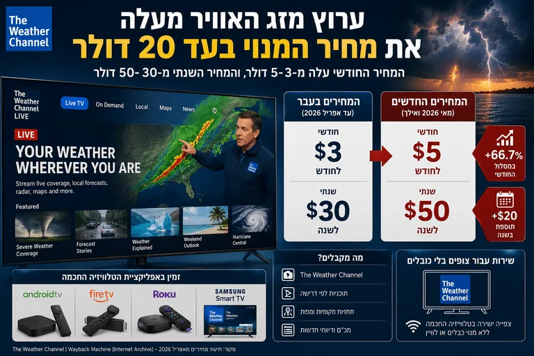 תמונה עבור הכתבה: ערוץ מזג האוויר מעלה את מחיר המנוי בעד 20 דולר