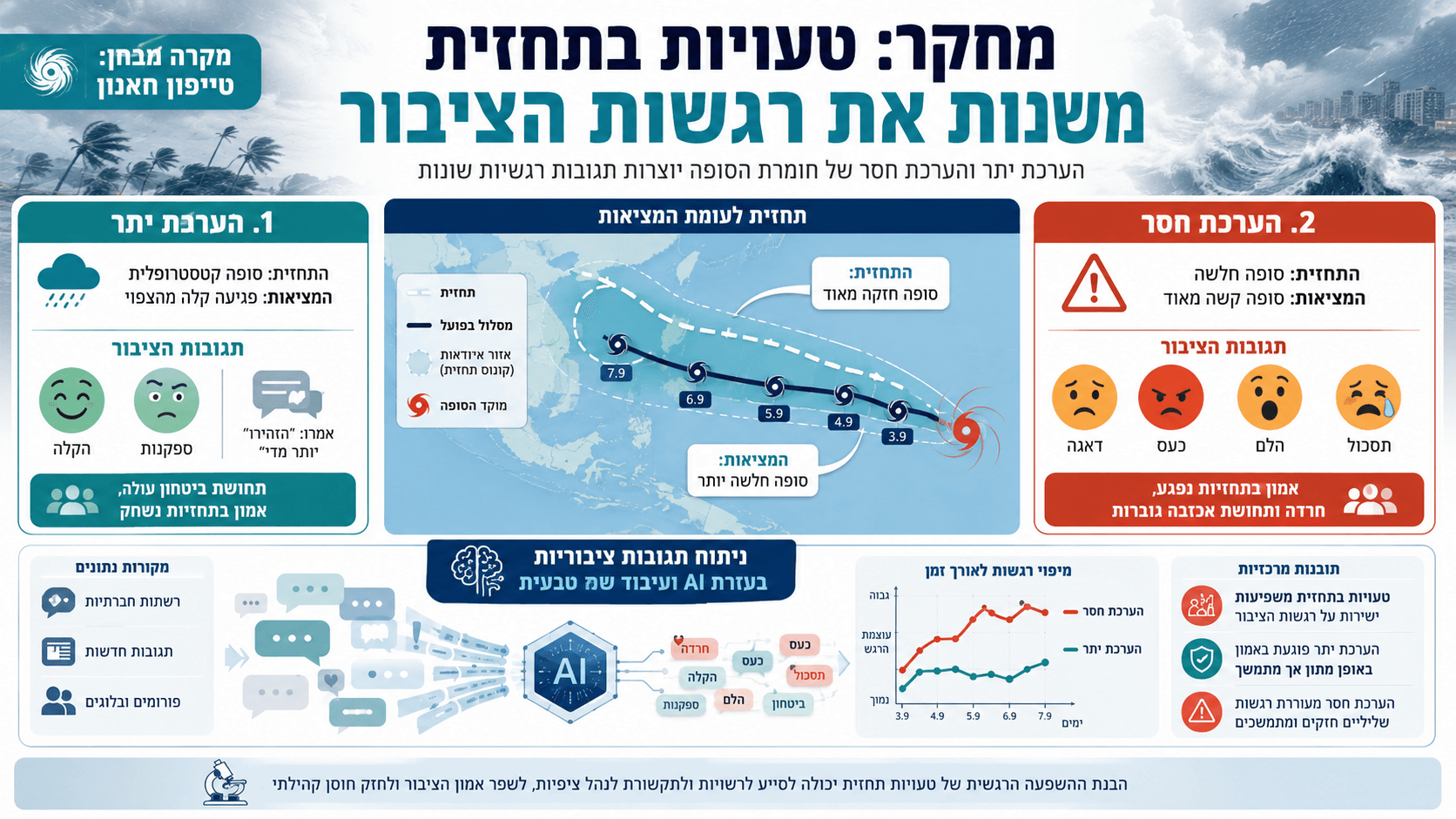 השוואה בין הערכת יתר והערכת חסר בתחזית טייפון, לצד תגובות רגשיות שונות של הציבור.