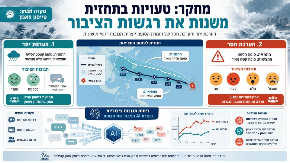 השוואה בין הערכת יתר והערכת חסר בתחזית טייפון, לצד תגובות רגשיות שונות של הציבור.