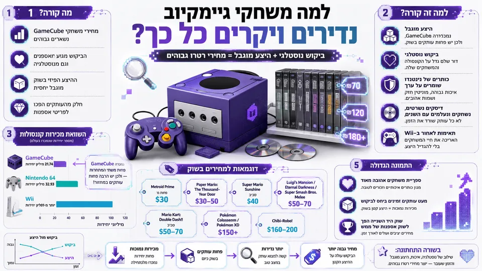 קונסולת Nintendo GameCube, משחקים פיזיים ומחירי אספנות המדגימים ביקוש נוסטלגי והיצע מוגבל.