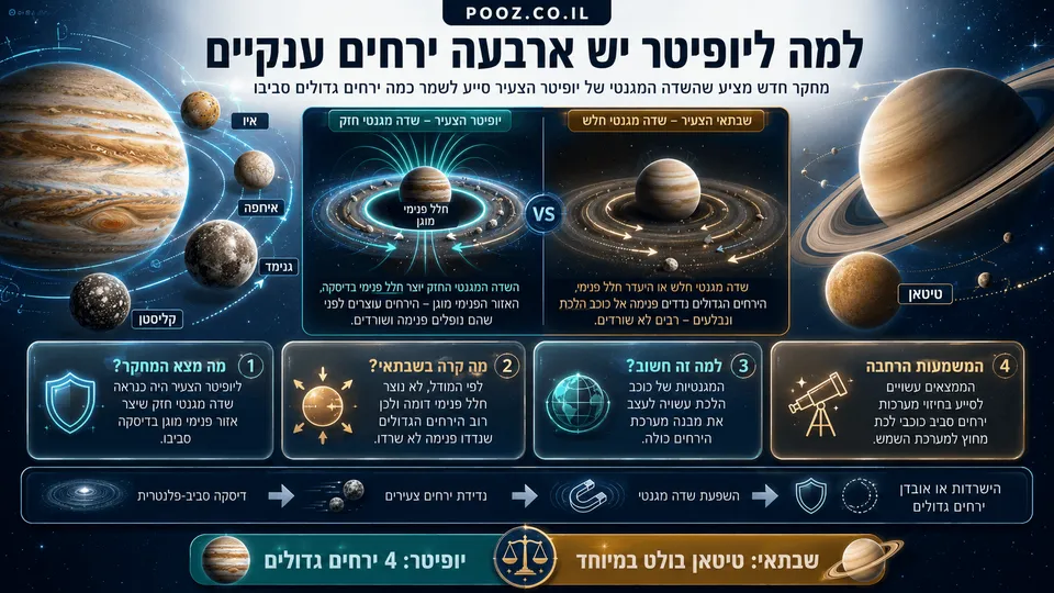 השוואה חזותית בין יופיטר ושבתאי, המציגה את ארבעת הירחים הגליליאניים לצד טיטאן, דיסקות חומר סביב כוכבי הלכת ושדות מגנטיים שעשויים להסביר מדוע סביב יופיטר שרדו כמה ירחים גדולים.