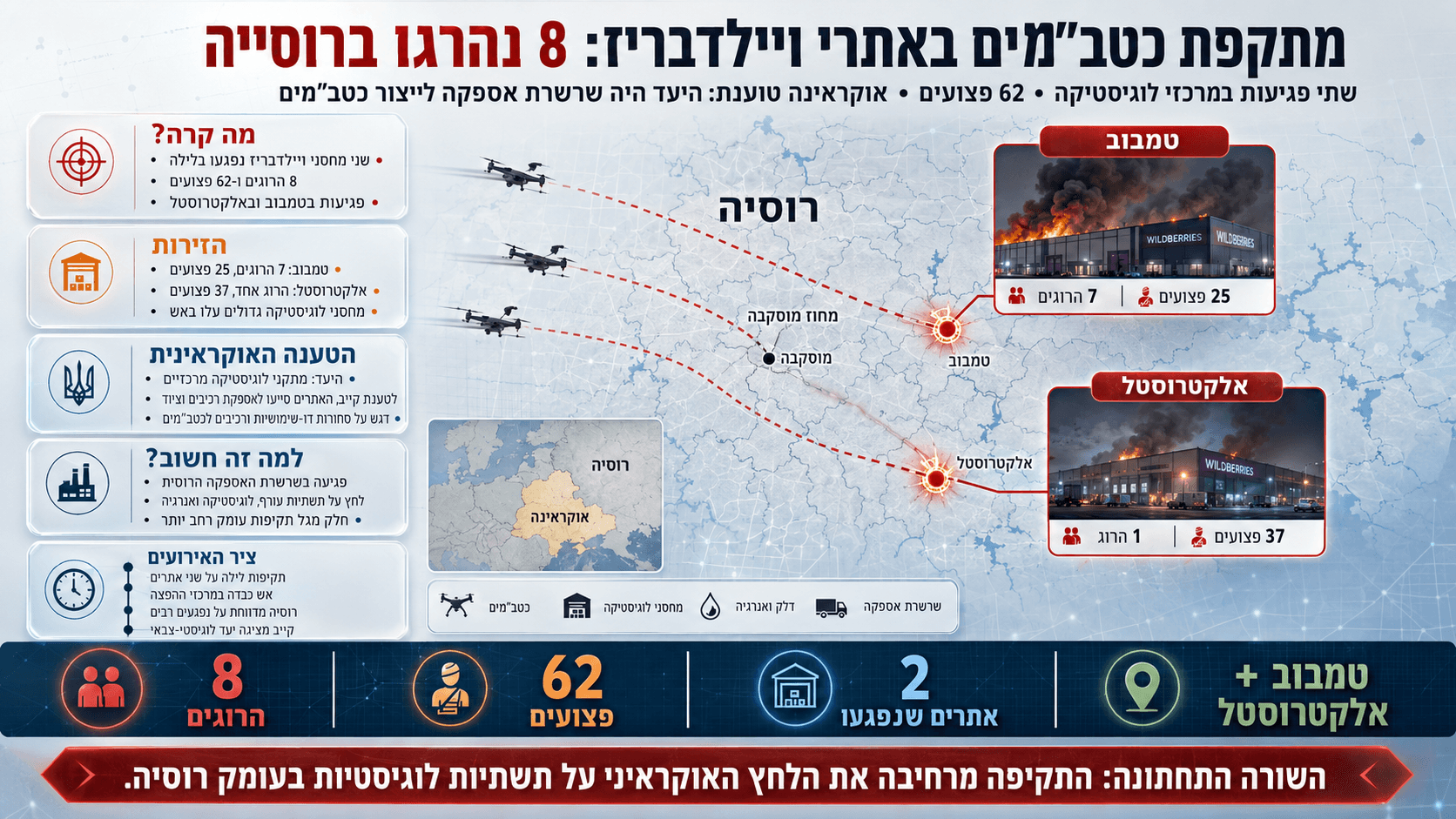 מפת רוסיה עם סימון מתקפות כטב״מים על מרכזי ויילדבריז בטמבוב ובאלקטרוסטל, לצד מחסנים בוערים.
