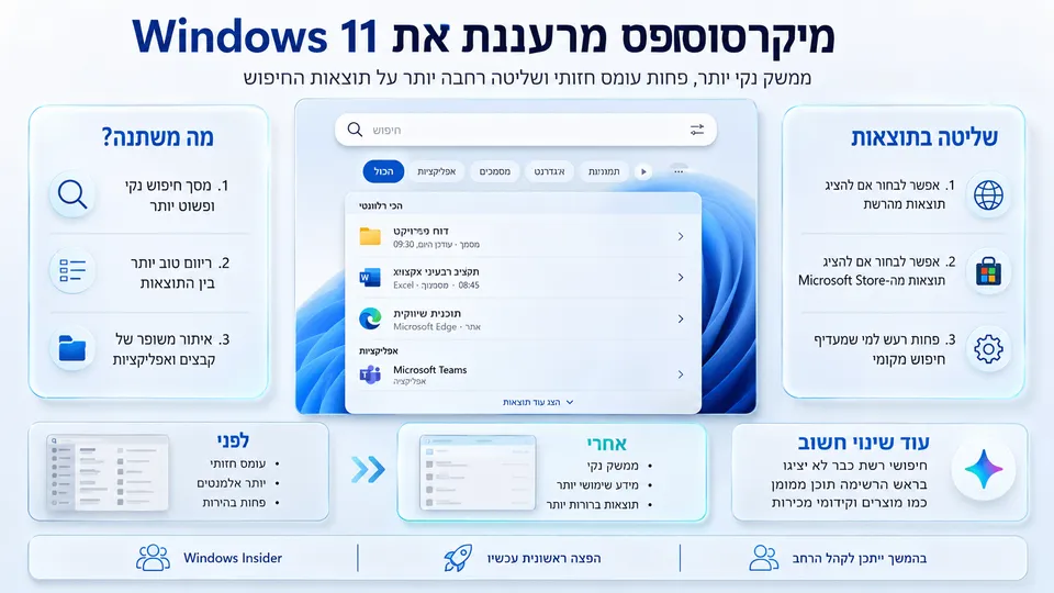 ממשק החיפוש החדש של Windows 11 עם תוצאות נקיות יותר ושליטה בתוכן מקומי, מהרשת ומ-Microsoft Store.