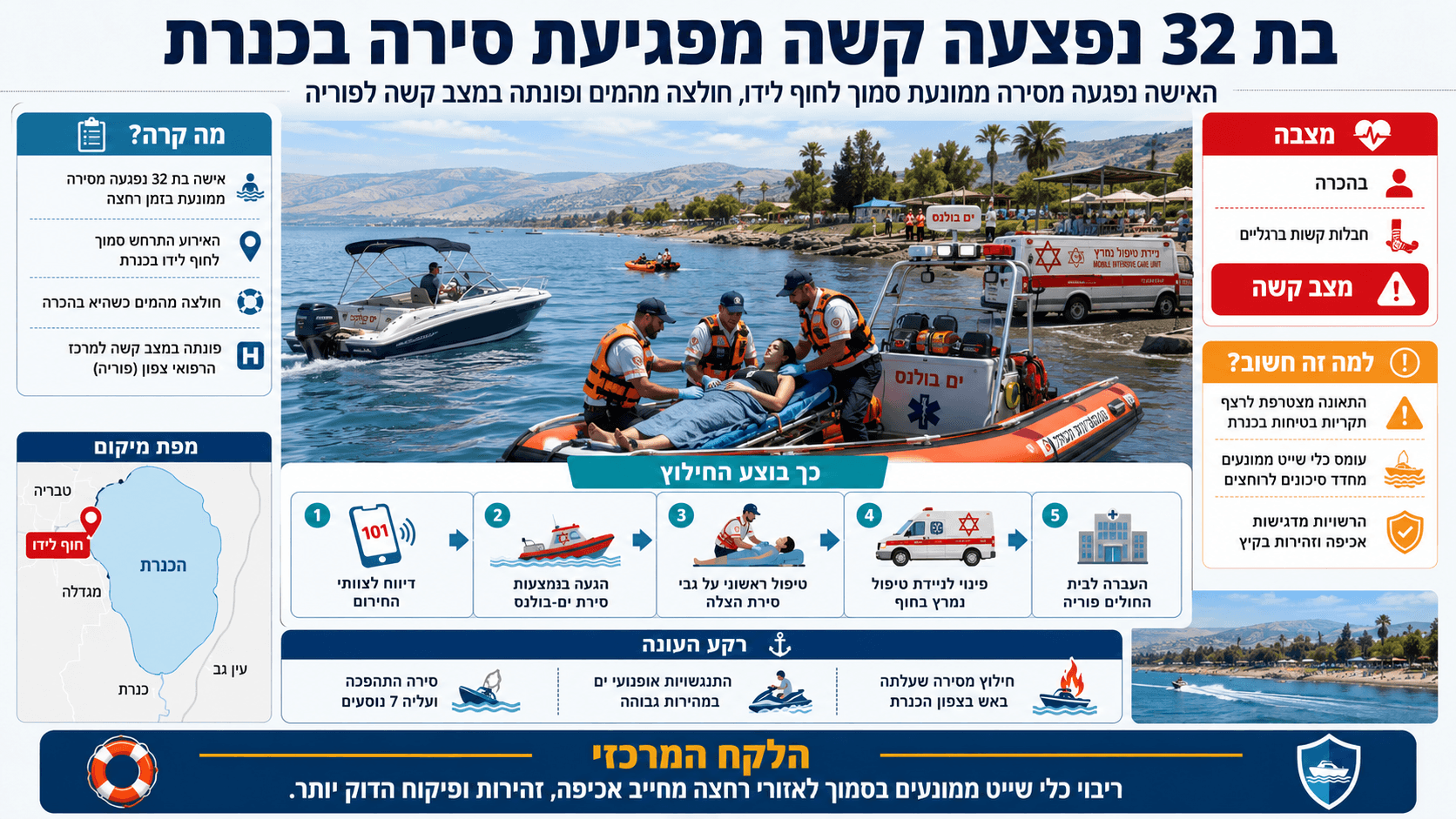 חילוץ אישה שנפצעה קשה מפגיעת סירה ממונעת סמוך לחוף לידו בכנרת.