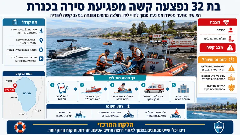 תמונה עבור הכתבה: בת 32 נפצעה קשה מפגיעת סירה בכנרת