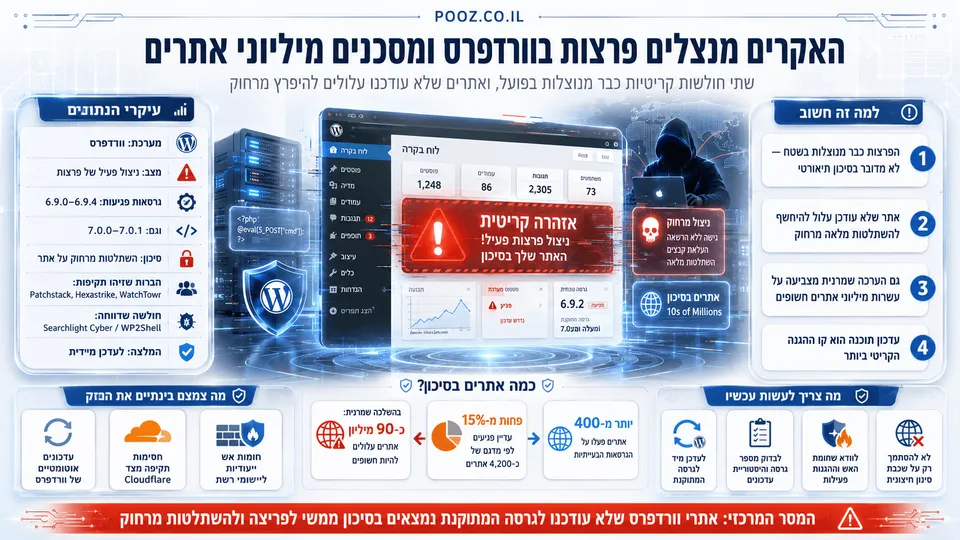 מסך ניהול וורדפרס עם התראת אבטחה והאקר ברקע, להמחשת פרצות קריטיות המסכנות מיליוני אתרים.