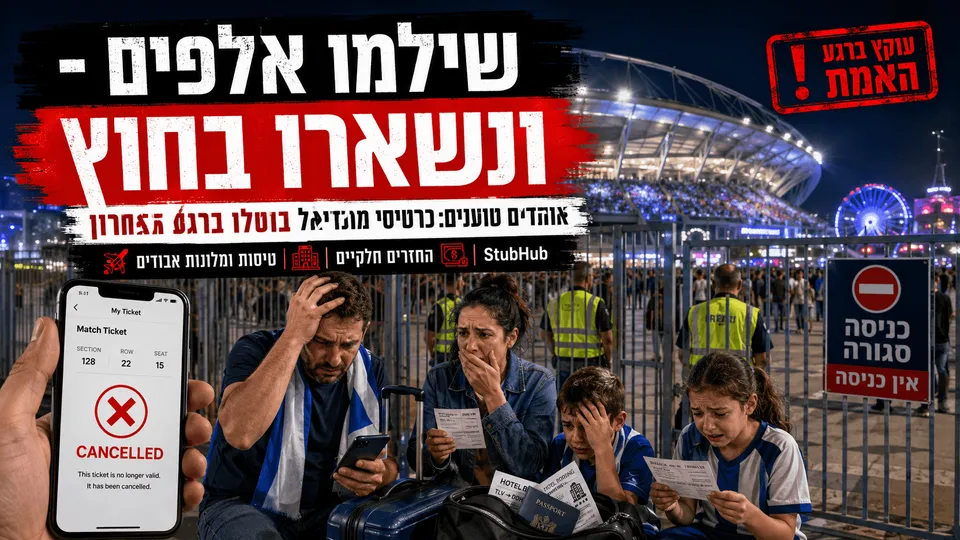 אינפוגרפיקה דרמטית בעברית המציגה משפחה ישראלית מאוכזבת מחוץ לאצטדיון מונדיאל, לצד טלפון עם הודעת כרטיס מבוטל, מזוודות, קבלות על טיסות ומלונות ושלט “אין כניסה”.