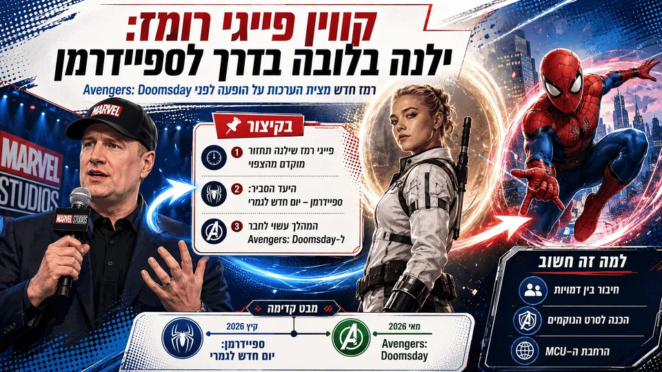 ילנה בלובה לצד ספיידרמן וקווין פייגי, על רקע הרמז להופעה אפשרית שלה בסרט הבא של טום הולנד.