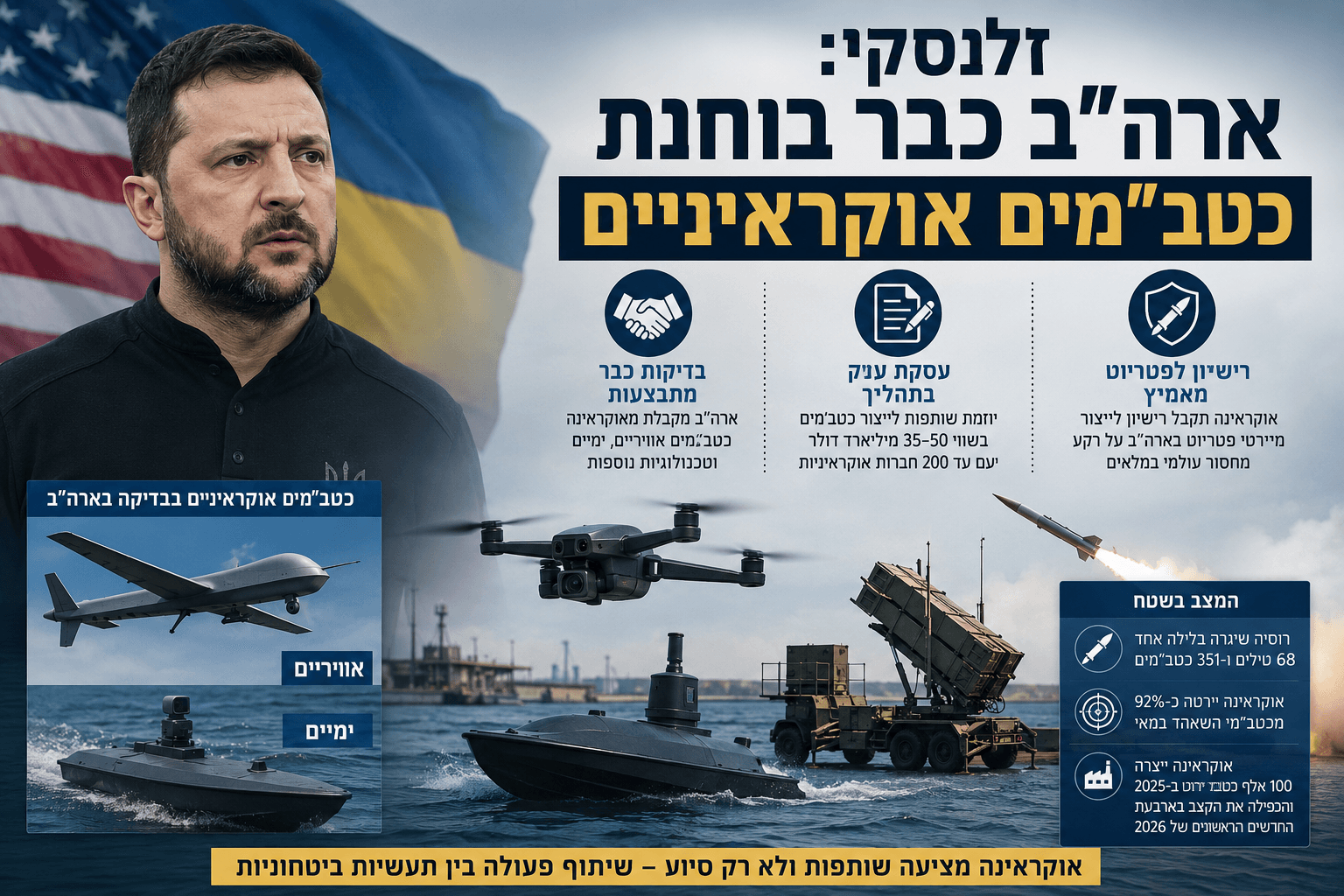 נשיא אוקראינה וולודימיר זלנסקי על רקע דגלי אוקראינה וארה״ב, לצד כטב״ם אווירי, כלי שיט בלתי מאויש ומשגר פטריוט. בתמונה מוצגים בעברית עיקרי שיתוף הפעולה הביטחוני, הבדיקות האמריקאיות והכוונה לקדם ייצור משותף.