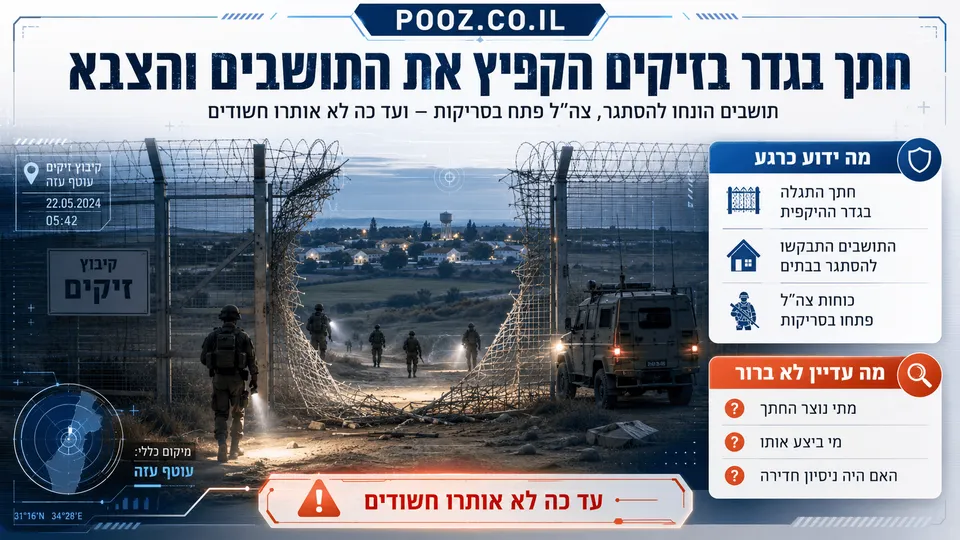 אינפוגרפיקה חדשותית בעברית המציגה חתך בגדר ההיקפית של קיבוץ זיקים סמוך לרצועת עזה. בתמונה נראים קטע גדר שנפגע, כוחות צה"ל בסריקות ביטחוניות באזור, בתי הקיבוץ ברקע ואווירת כוננות. העיצוב מדגיש אירוע ביטחוני מקומי, את ההנחיה להסתגר בבתים ואת בדיקות הצבא לאחר גילוי החתך.