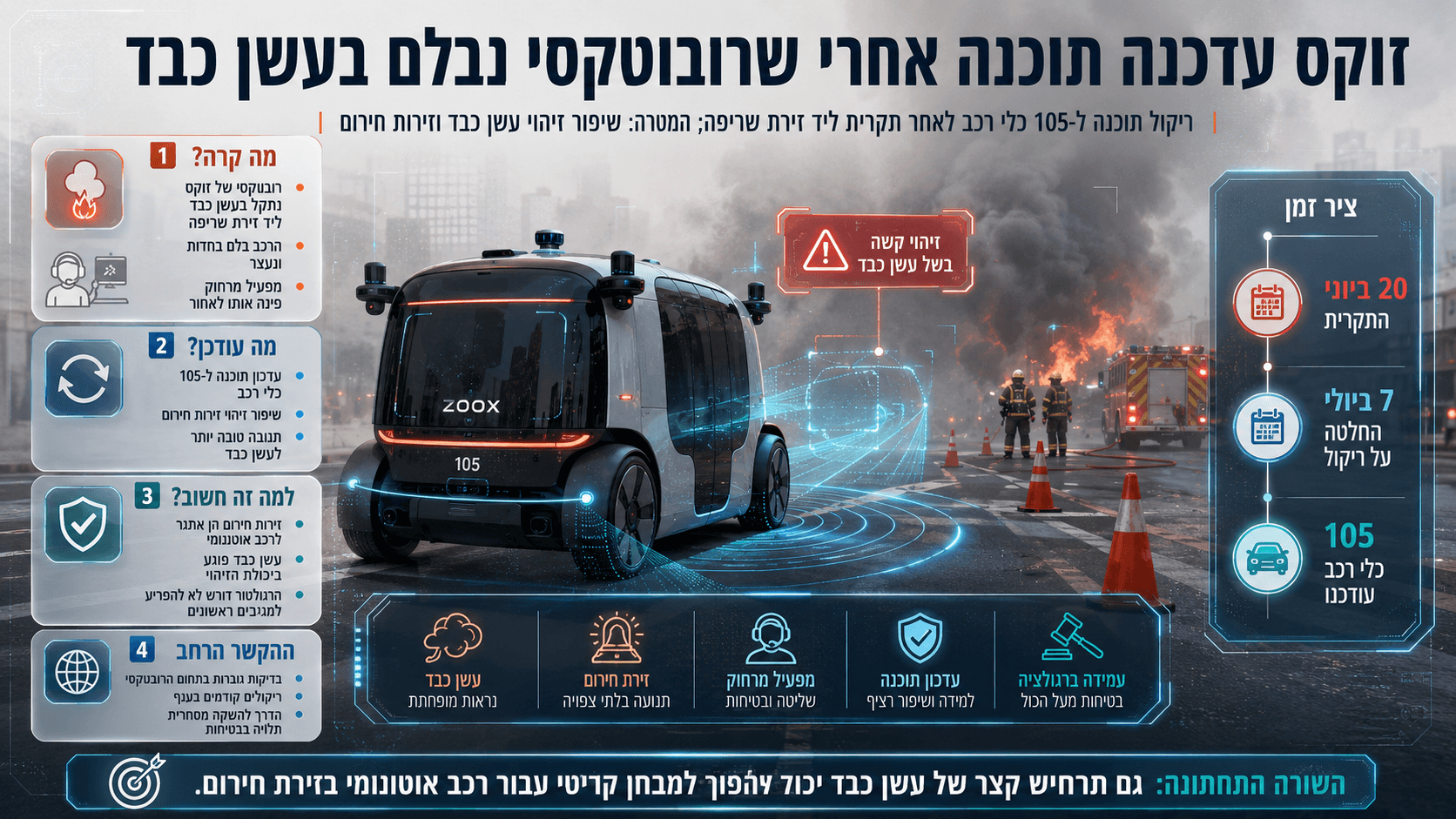 רובוטקסי של Zoox נעצר ליד זירת שריפה אפופת עשן, לצד כוחות חירום ועדכון תוכנה לצי הרכב.
