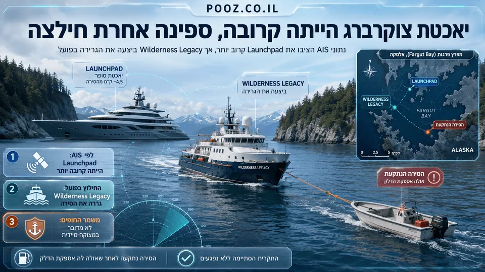 אינפוגרפיקה בעברית המציגה סירת מנוע קטנה שנתקעה סמוך למפרץ פארגוט באלסקה לאחר שאזלה לה אספקת הדלק, את ספינת השיט Wilderness Legacy גוררת אותה לבטחה, וברקע נראית יאכטת-העל Launchpad המזוהה עם מארק צוקרברג. העיצוב מדגיש את מיקום כלי השיט, פעולת החילוץ והפער בין הקרבה של היאכטה לבין זהות הספינה שחילצה בפועל.